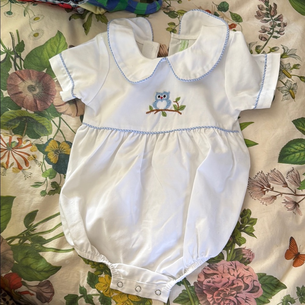 White Owl Embroidered Kids One Piece